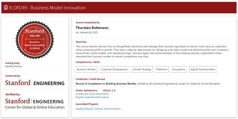 Stanford Business Model Innovation Zeritfikat